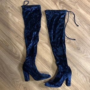 Blue crushed velvet over the knee boots